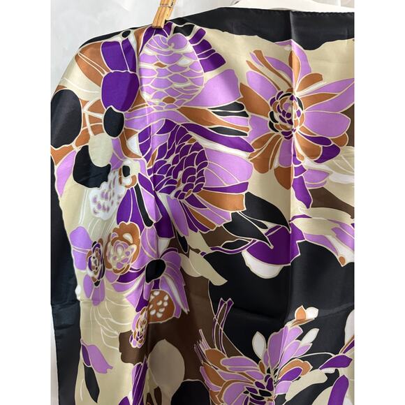 Totes Vintage HIGE Floral print mod purple brown, lavender Satin Rain Scarf - Picture 3 of 8